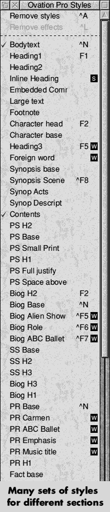 The Style pallet showing many sets of styles, one set for each section