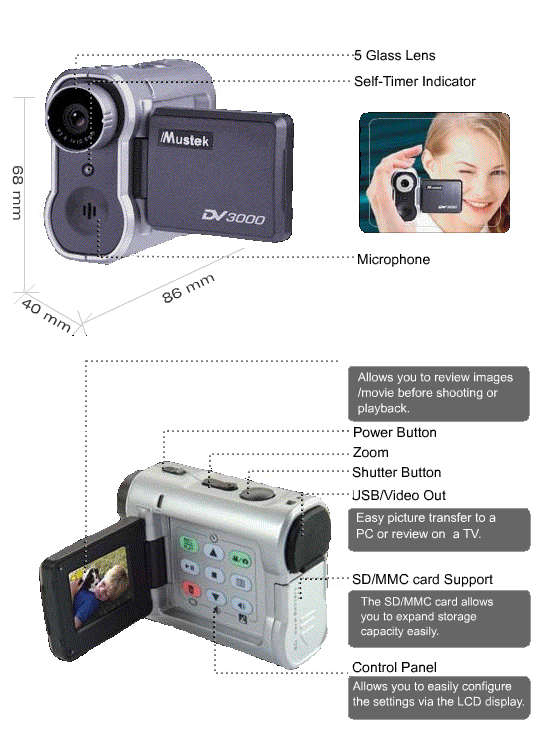 その他 Mustek DV 3000 Multi-Functional Digital Mustek DV3000 Multifunctional Mini Digital Video Camera, Camcorder